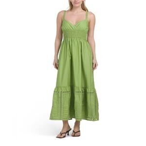 Green Smocked Waist Eyelet Midi Dress Sleeveless Size M NWT Moon River